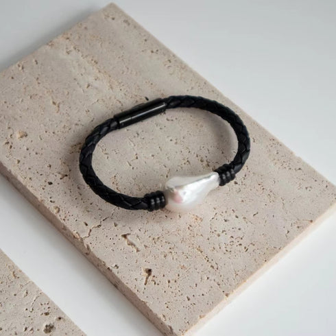 Large Baroque Pearl Leather Bracelet in Stainless Steel - Zafari Studio Jewelry
